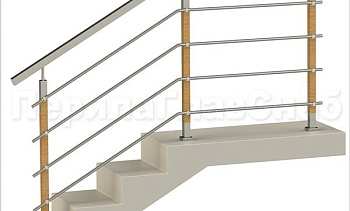 Четыре ригеля на держателях, квадратный поручень и стойки с деревянными вставками в Волгограде. Готовые проекты ПерилаГлавСнаб